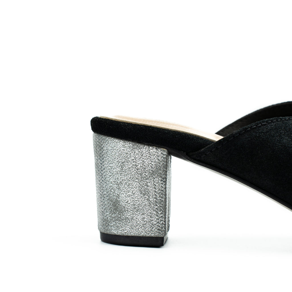 Women’s Genuine Leather Suede Slip-On Mule Sandals | Metallic Glittery Block Heel | Comfortable for Casual Black