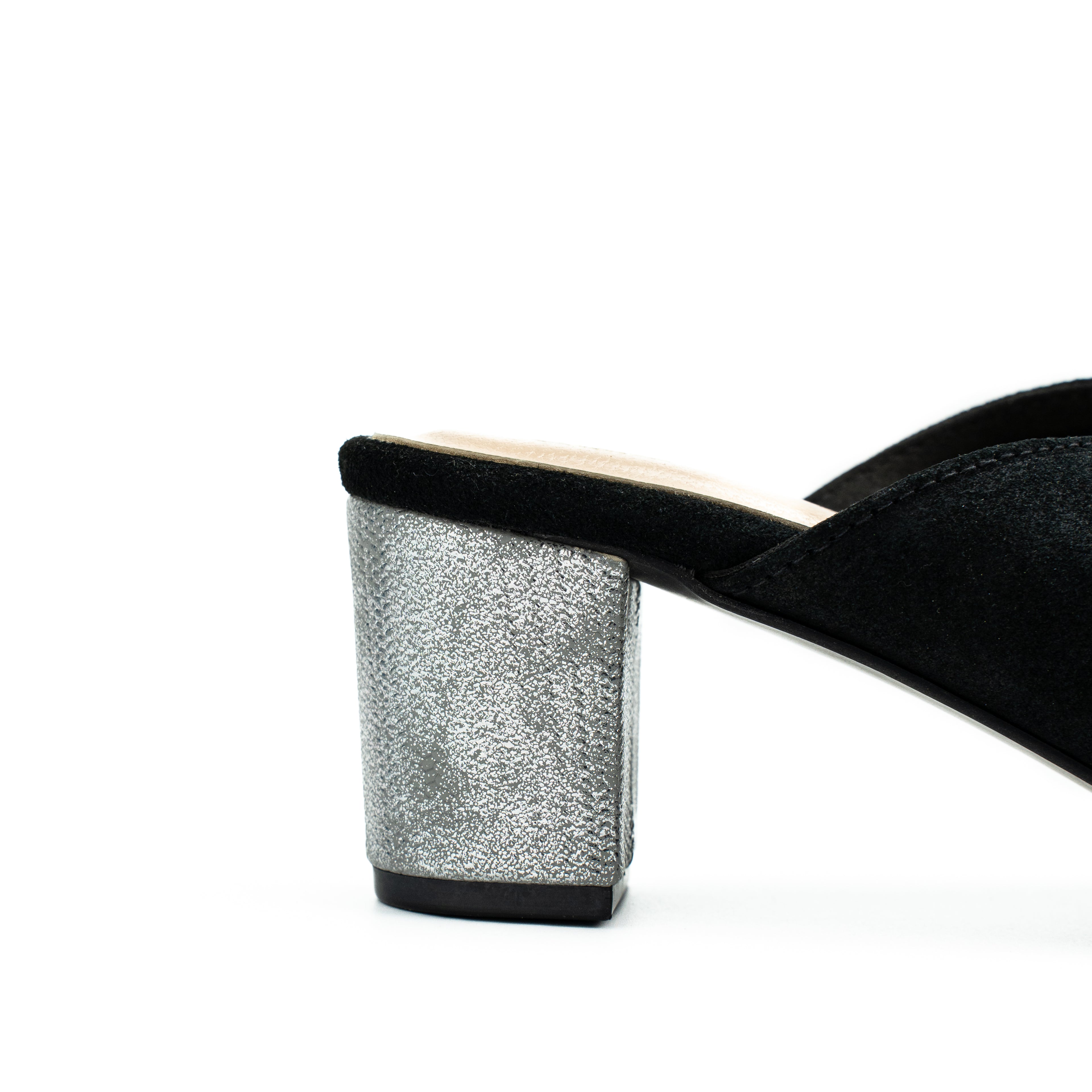 Women’s Genuine Leather Suede Slip-On Mule Sandals | Metallic Glittery Block Heel | Comfortable for Casual Black