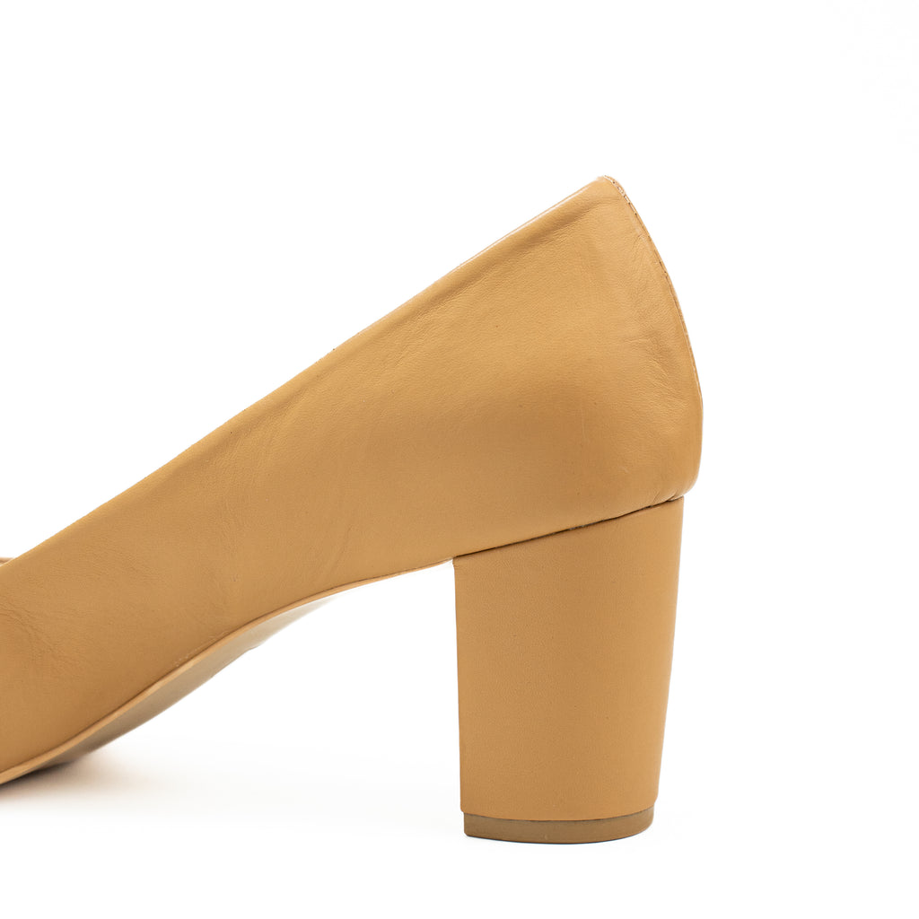 Women’s Classic Pointed Toe Leather Block Heel Sandals | Elegant Slip-On Formal & Office Shoes | Tan, Off White