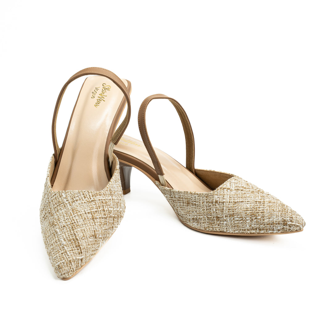 Women’s Pointed Toe Woven Raffia Kitten Heel Sandals with Slingback Strap | Lightweight, Eco Friendly & Comfortable | Office & Casual Wear | Beige
