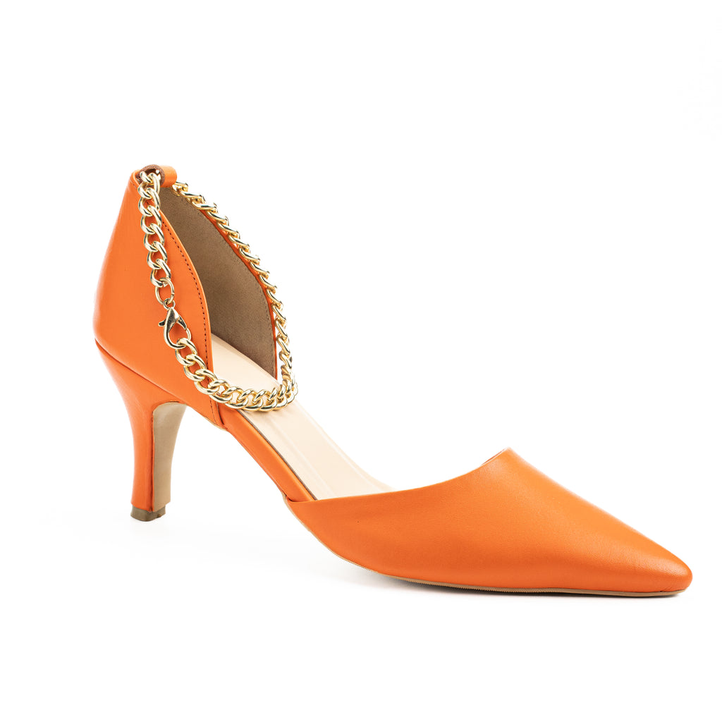 Women's Pointed Toe Glossy Leather Heel | Stiletto with Ankle Chain Strap | Elegant & Classic Glittery Blue, Gilttery Red, Orange, Black