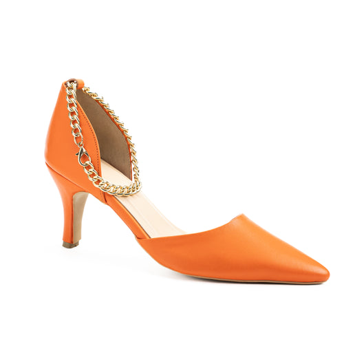 Women's Pointed Toe Glossy Leather Heel | Stiletto with Ankle Chain Strap | Elegant & Classic Glittery Blue, Gilttery Red, Orange, Black