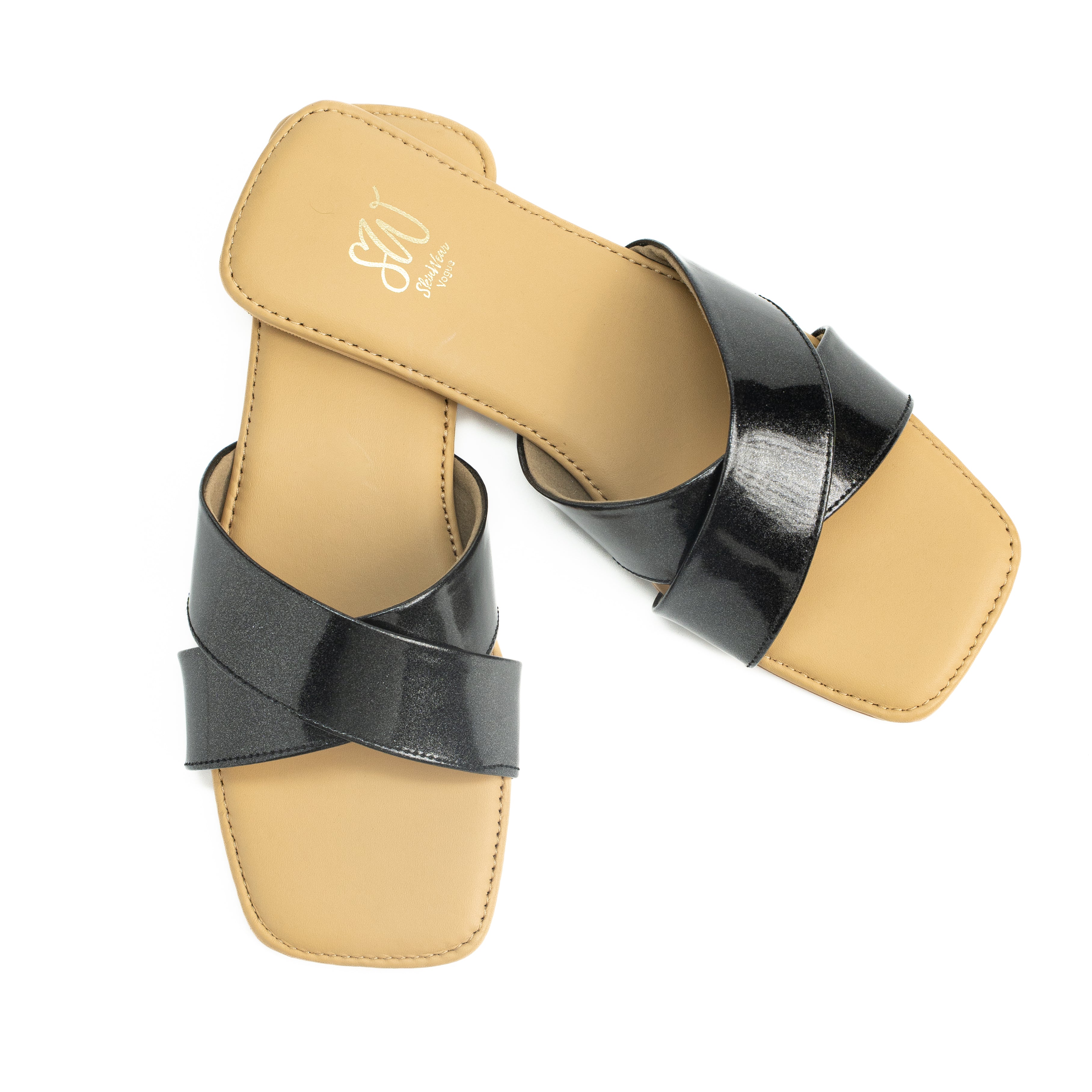 Women’s Leather Slip-On Flat Sandals with Glossy Cross-Strap Design | Comfortable Casual Footwear for Office, Travel & Daily Wear | Navy Blue, Black