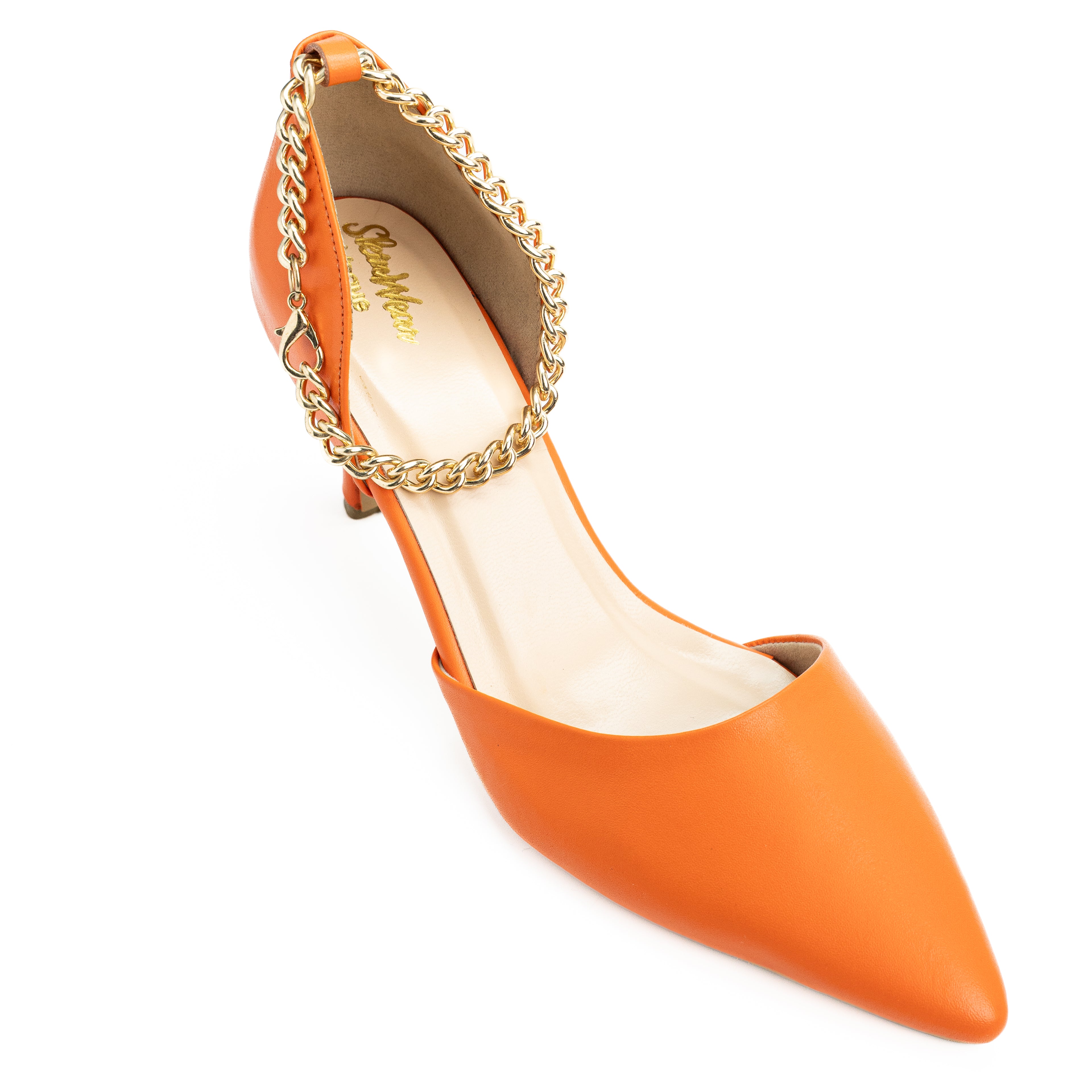 Women's Pointed Toe Glossy Leather Heel | Stiletto with Ankle Chain Strap | Elegant & Classic Glittery Blue, Gilttery Red, Orange, Black