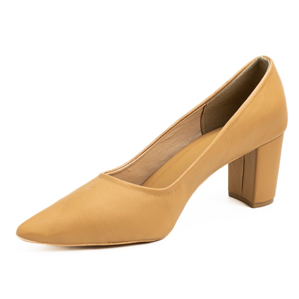 Women’s Classic Pointed Toe Leather Block Heel Sandals | Elegant Slip-On Formal & Office Shoes | Tan, Off White