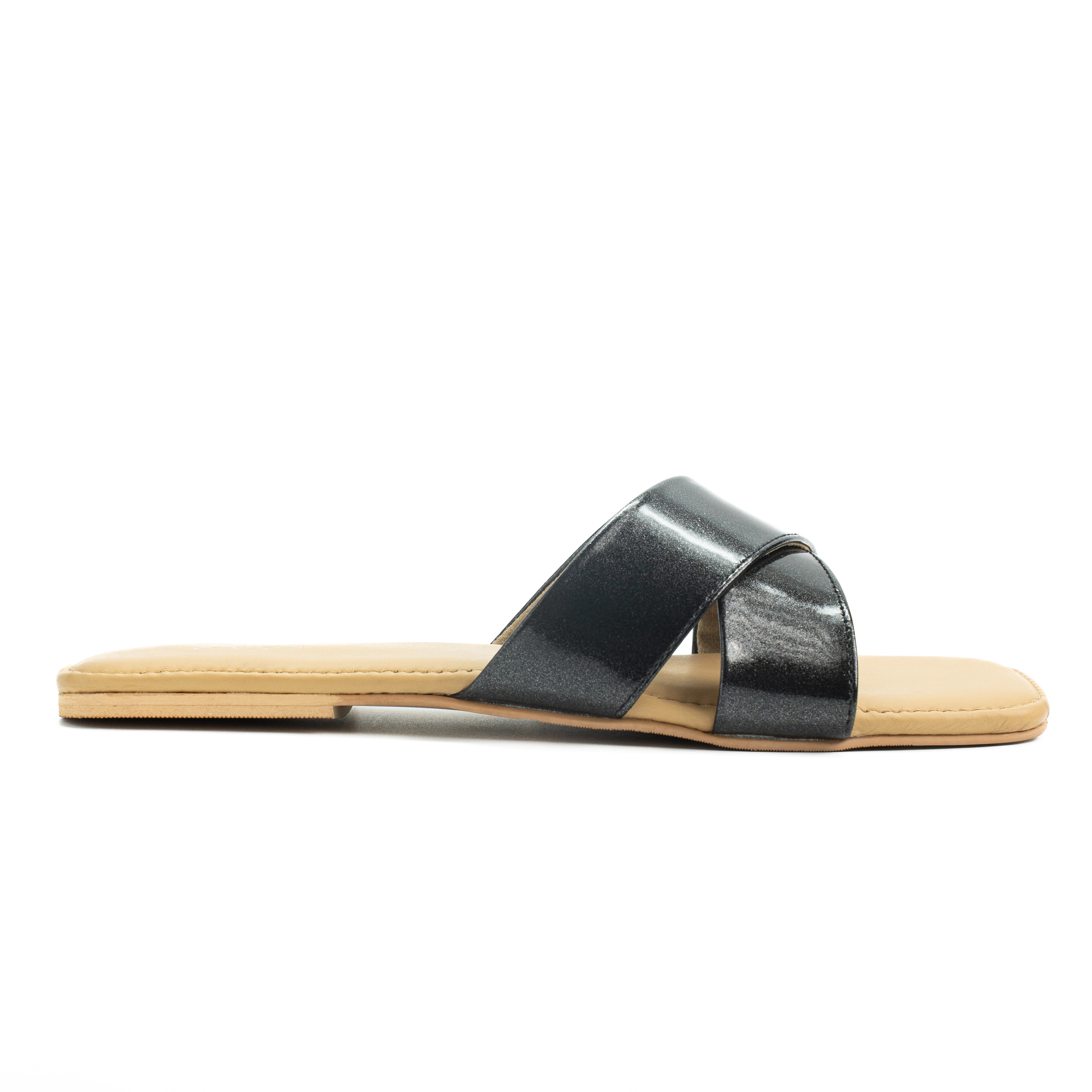 Women’s Leather Slip-On Flat Sandals with Glossy Cross-Strap Design | Comfortable Casual Footwear for Office, Travel & Daily Wear | Navy Blue, Black