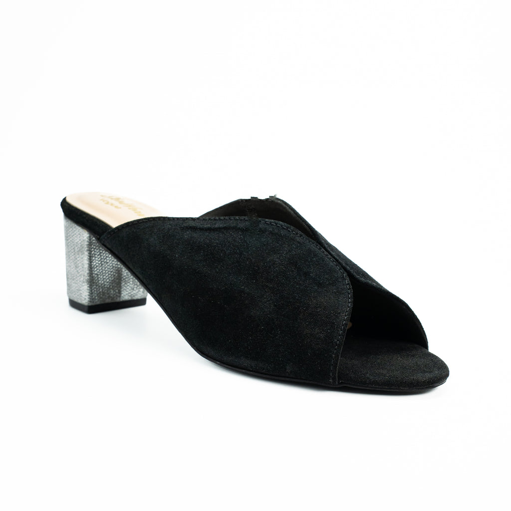Women’s Genuine Leather Suede Slip-On Mule Sandals | Metallic Glittery Block Heel | Comfortable for Casual Black
