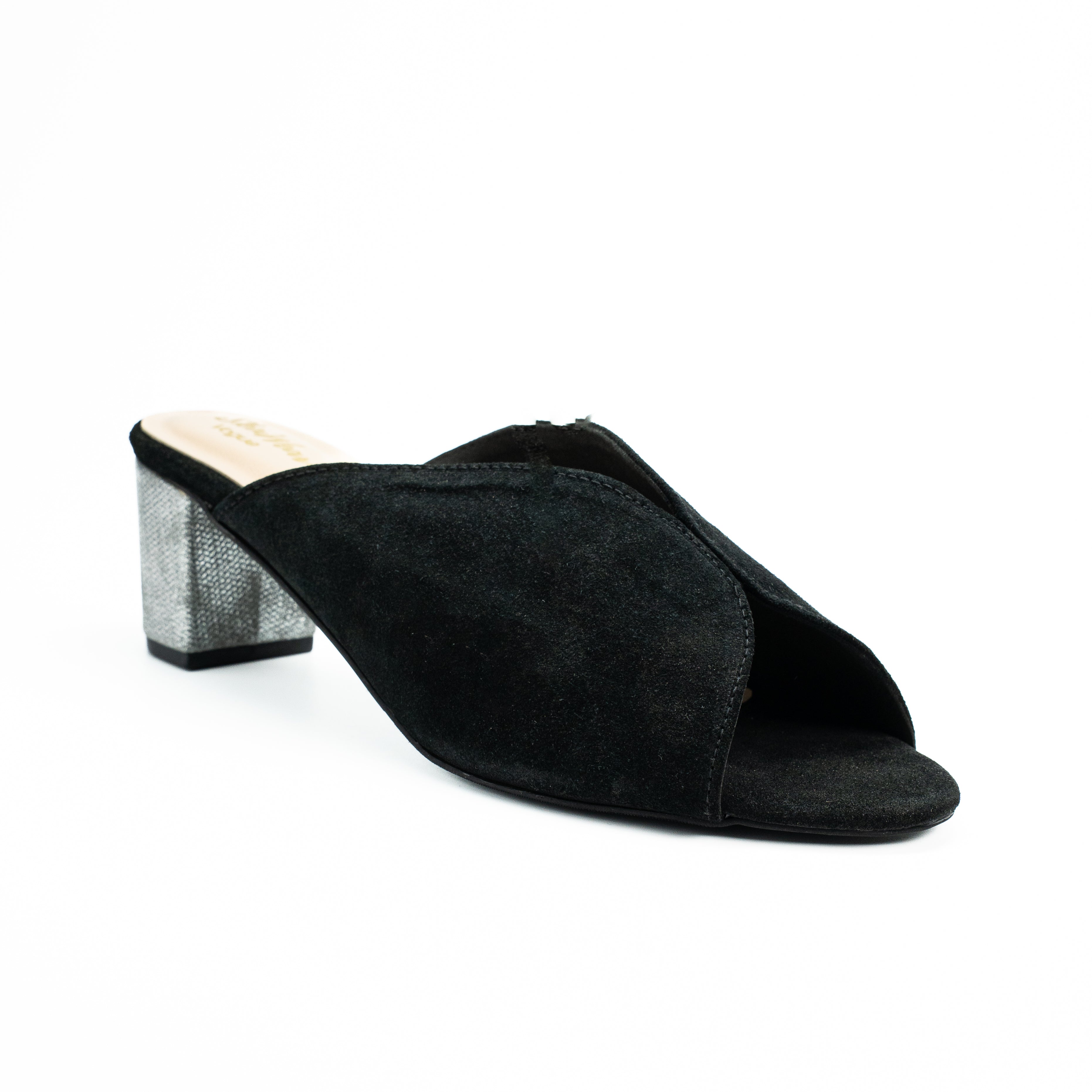 Women’s Genuine Leather Suede Slip-On Mule Sandals | Metallic Glittery Block Heel | Comfortable for Casual Black