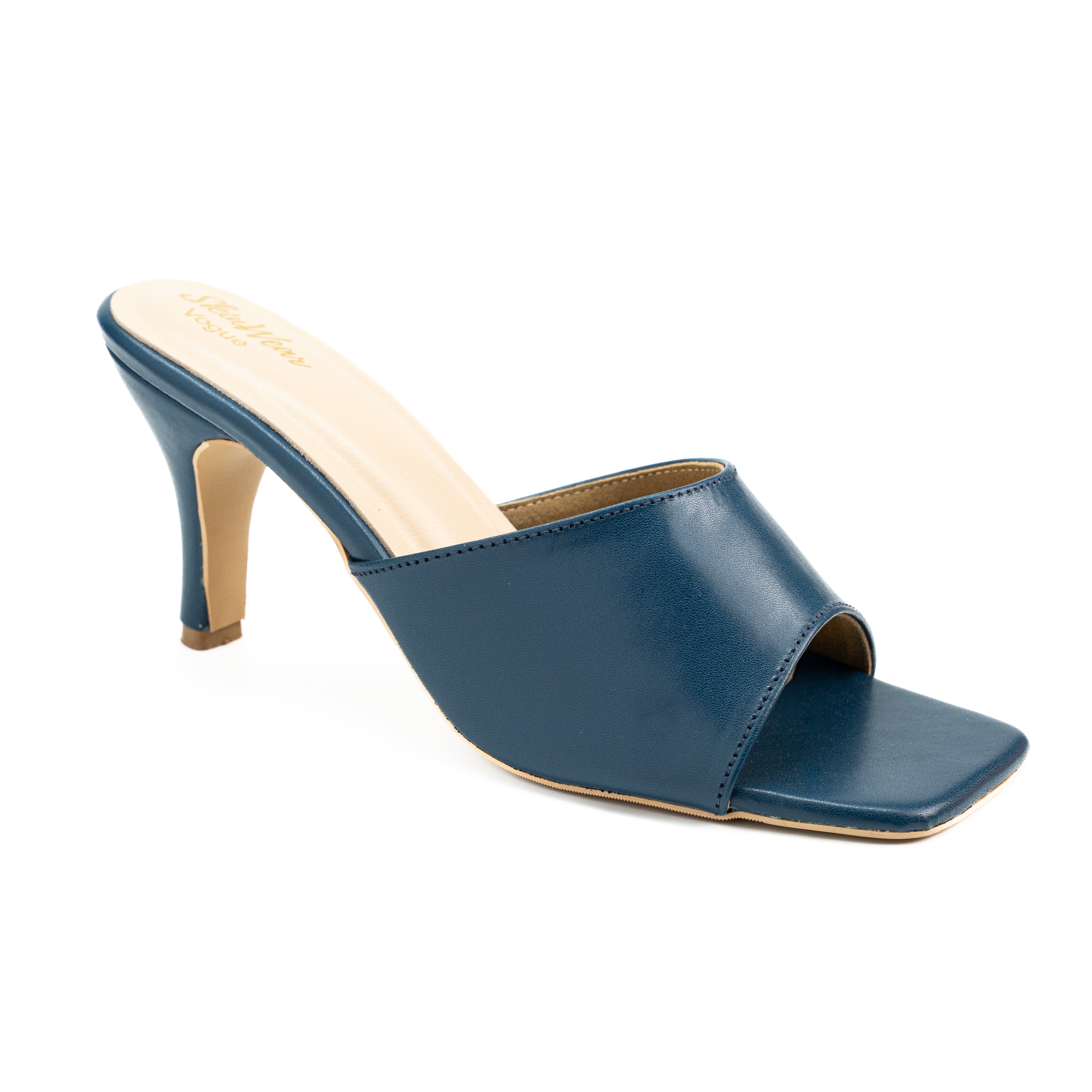 Women's Genuine Leather Formal Kitten Heel Fashion Sandals | Square Toe Open Slip-on with Single Strap | Casual & Office Wear | Orange, Navy, Lime Green