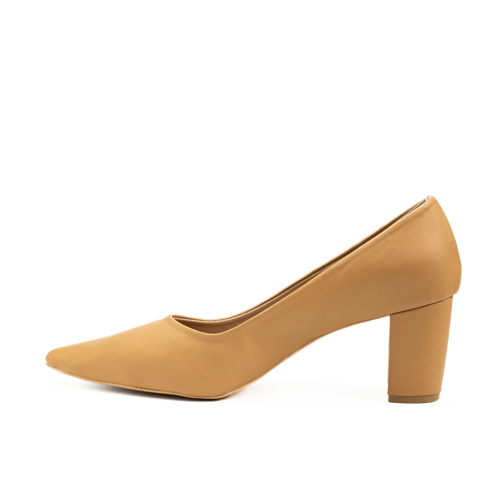 Women’s Classic Pointed Toe Leather Block Heel Sandals | Elegant Slip-On Formal & Office Shoes | Tan, Off White