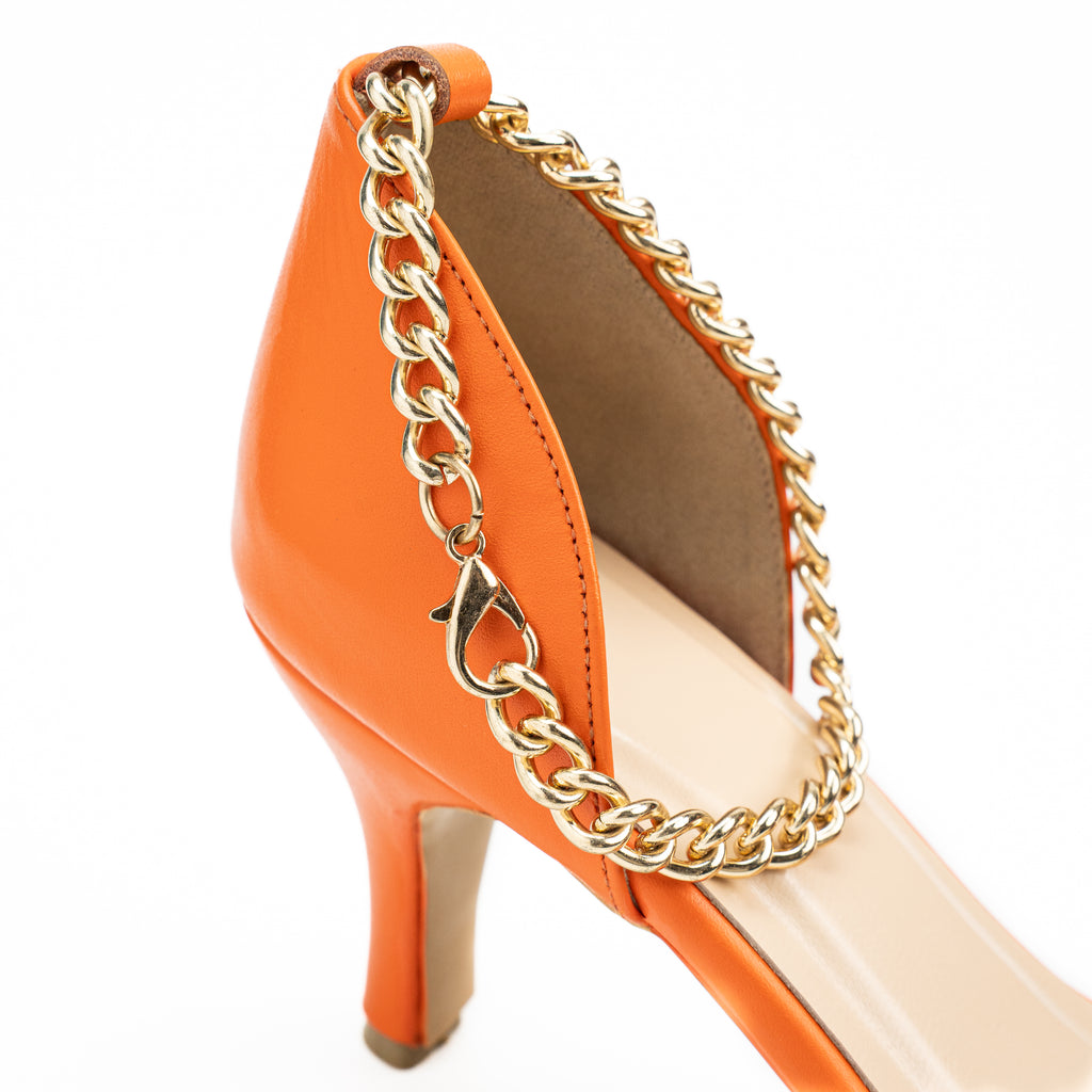 Women's Pointed Toe Glossy Leather Heel | Stiletto with Ankle Chain Strap | Elegant & Classic Glittery Blue, Gilttery Red, Orange, Black