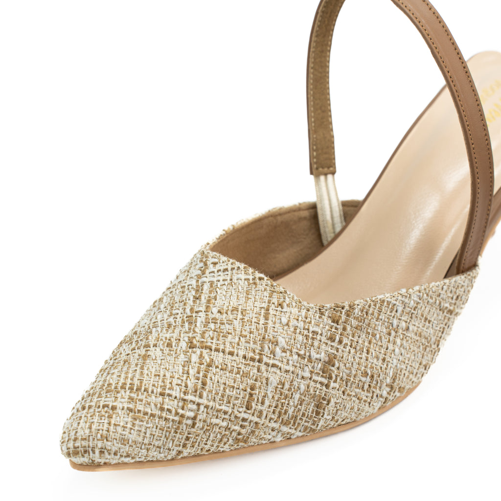 Women’s Pointed Toe Woven Raffia Kitten Heel Sandals with Slingback Strap | Lightweight, Eco Friendly & Comfortable | Office & Casual Wear | Beige