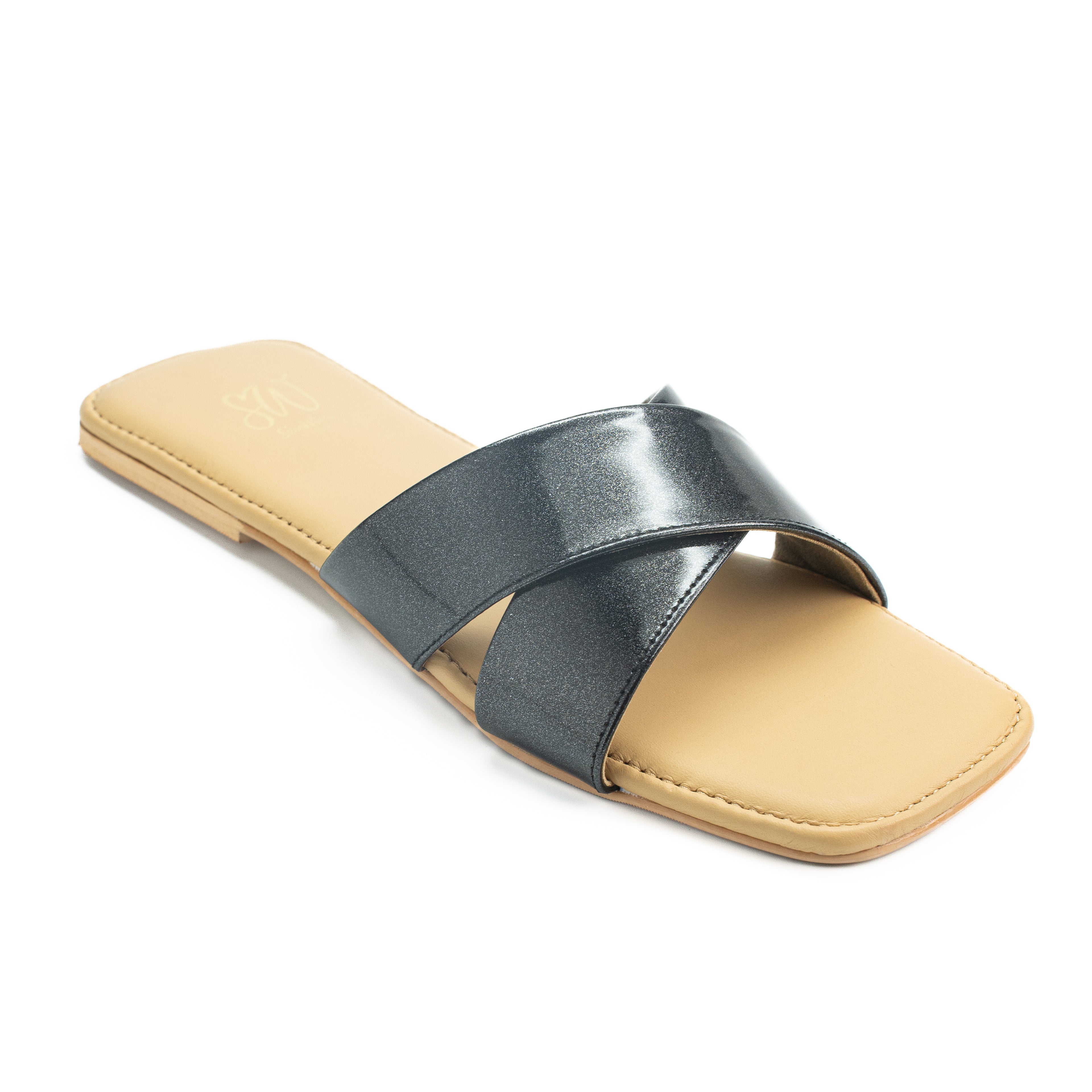 Women’s Leather Slip-On Flat Sandals with Glossy Cross-Strap Design | Comfortable Casual Footwear for Office, Travel & Daily Wear | Navy Blue, Black