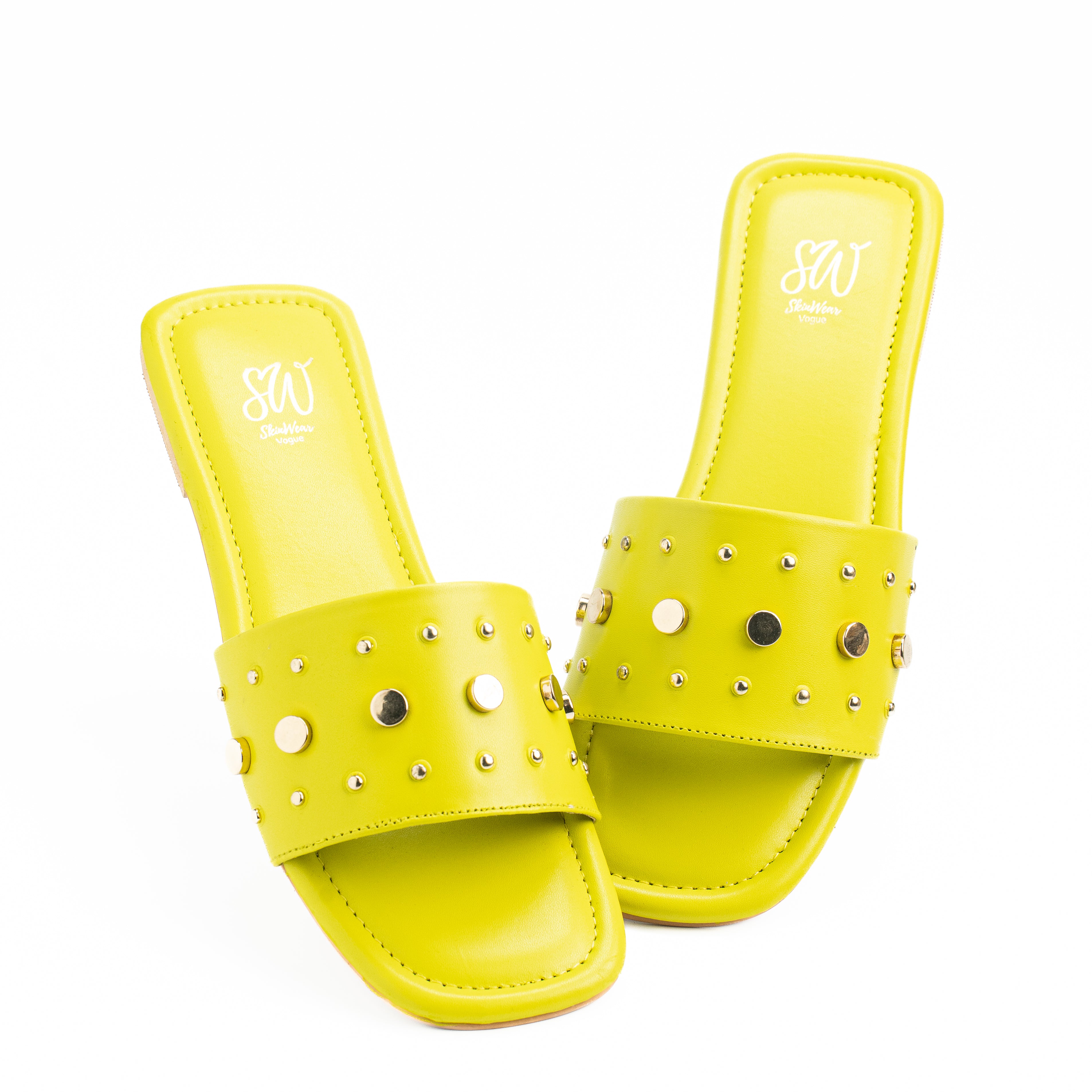 Women's Genuine Leather Embellished Flat Sandals | Stylish Flip-Flop Slider | Comfortable Fashion Footwear | Lime Green, Brown, Grey