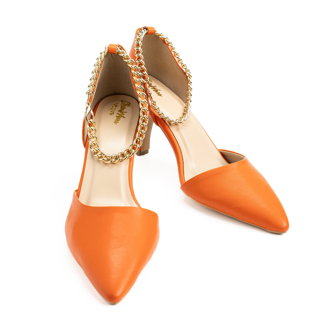 Women's Pointed Toe Glossy Leather Heel | Stiletto with Ankle Chain Strap | Elegant & Classic Glittery Blue, Gilttery Red, Orange, Black
