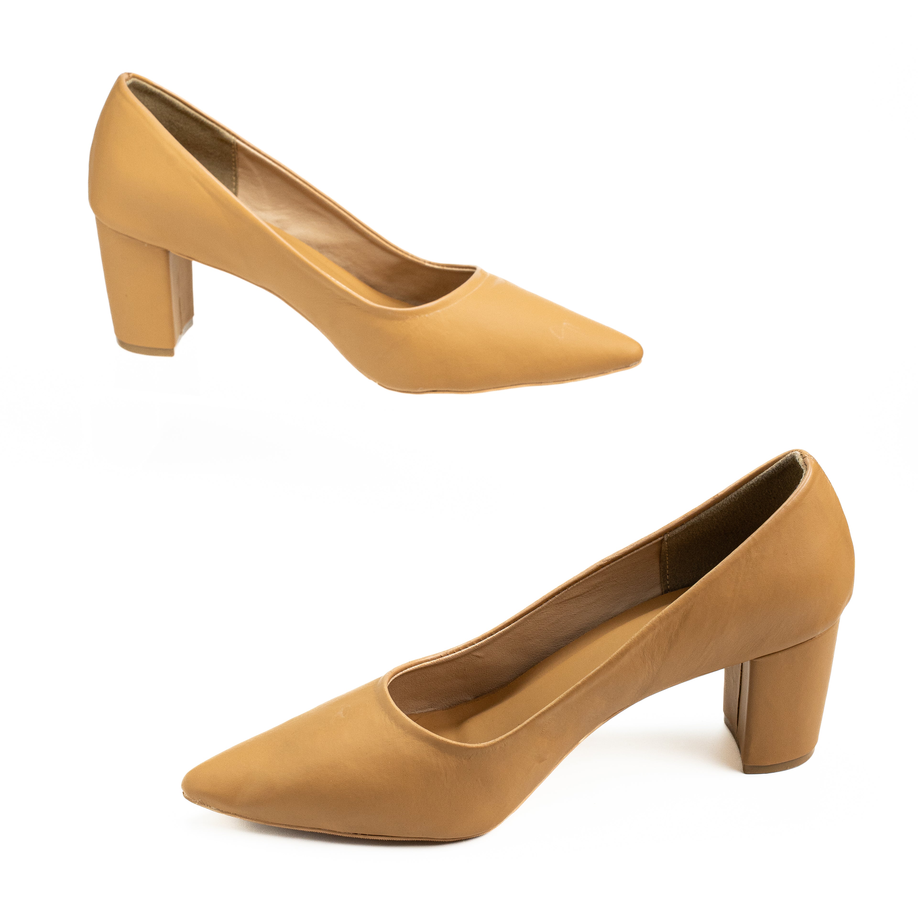 Women’s Classic Pointed Toe Leather Block Heel Sandals | Elegant Slip-On Formal & Office Shoes | Tan, Off White