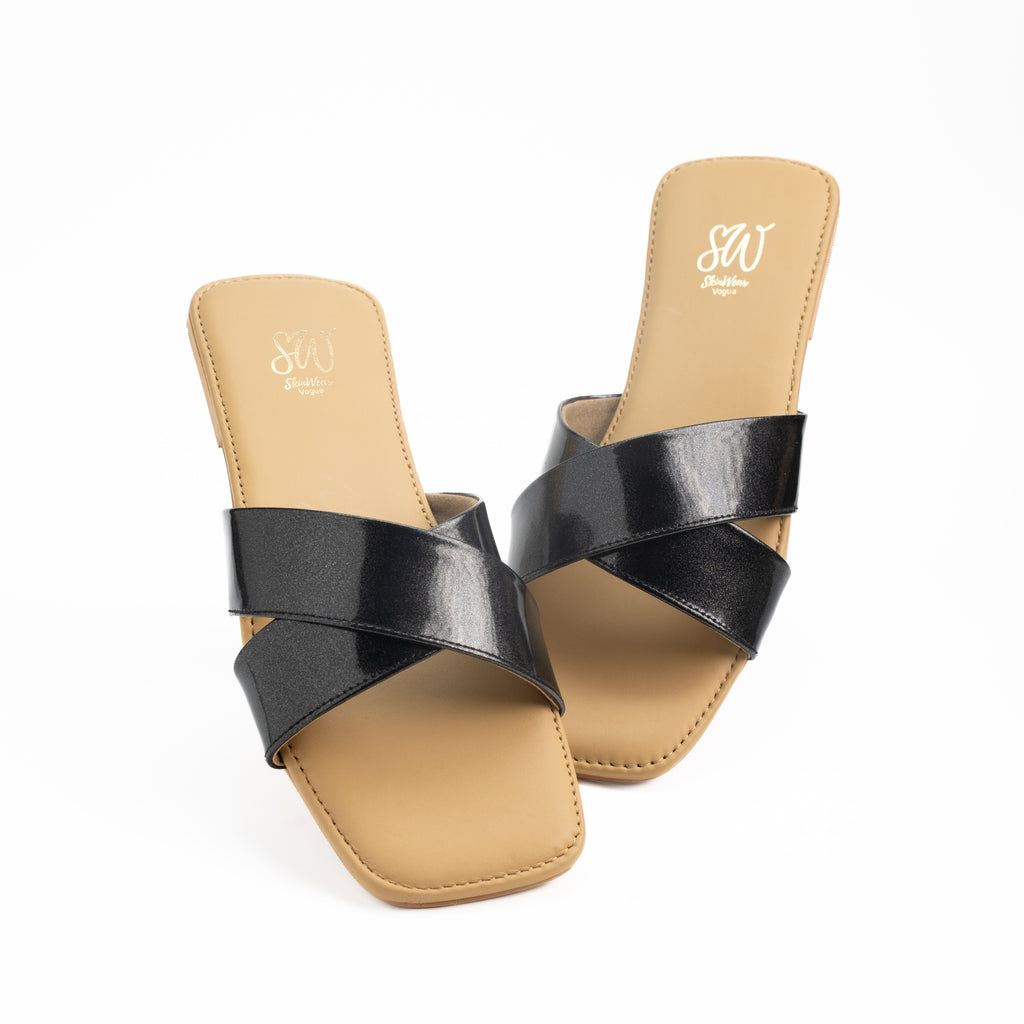 Women’s Leather Slip-On Flat Sandals with Glossy Cross-Strap Design | Comfortable Casual Footwear for Office, Travel & Daily Wear | Navy Blue, Black
