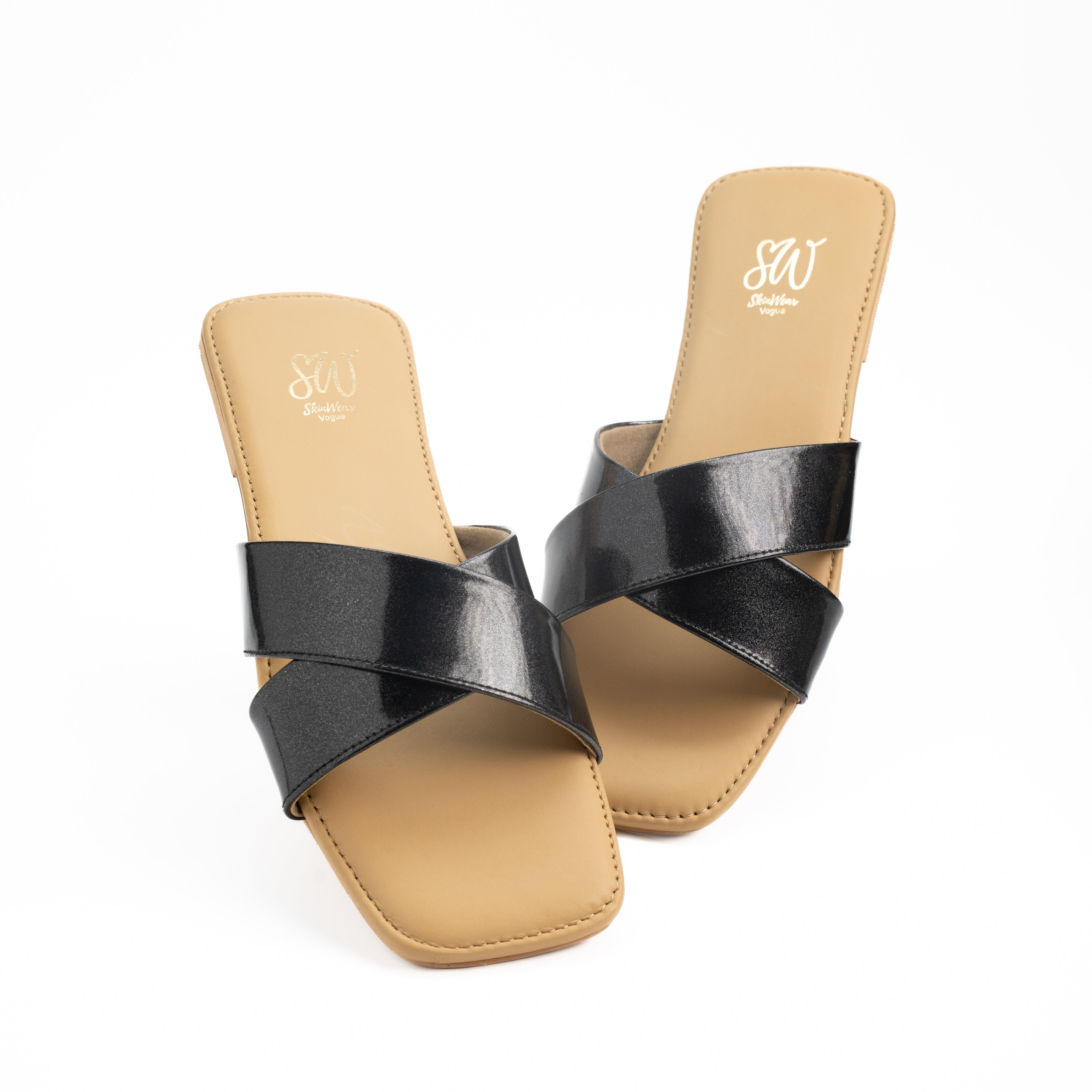 Women’s Leather Slip-On Flat Sandals with Glossy Cross-Strap Design | Comfortable Casual Footwear for Office, Travel & Daily Wear | Navy Blue, Black