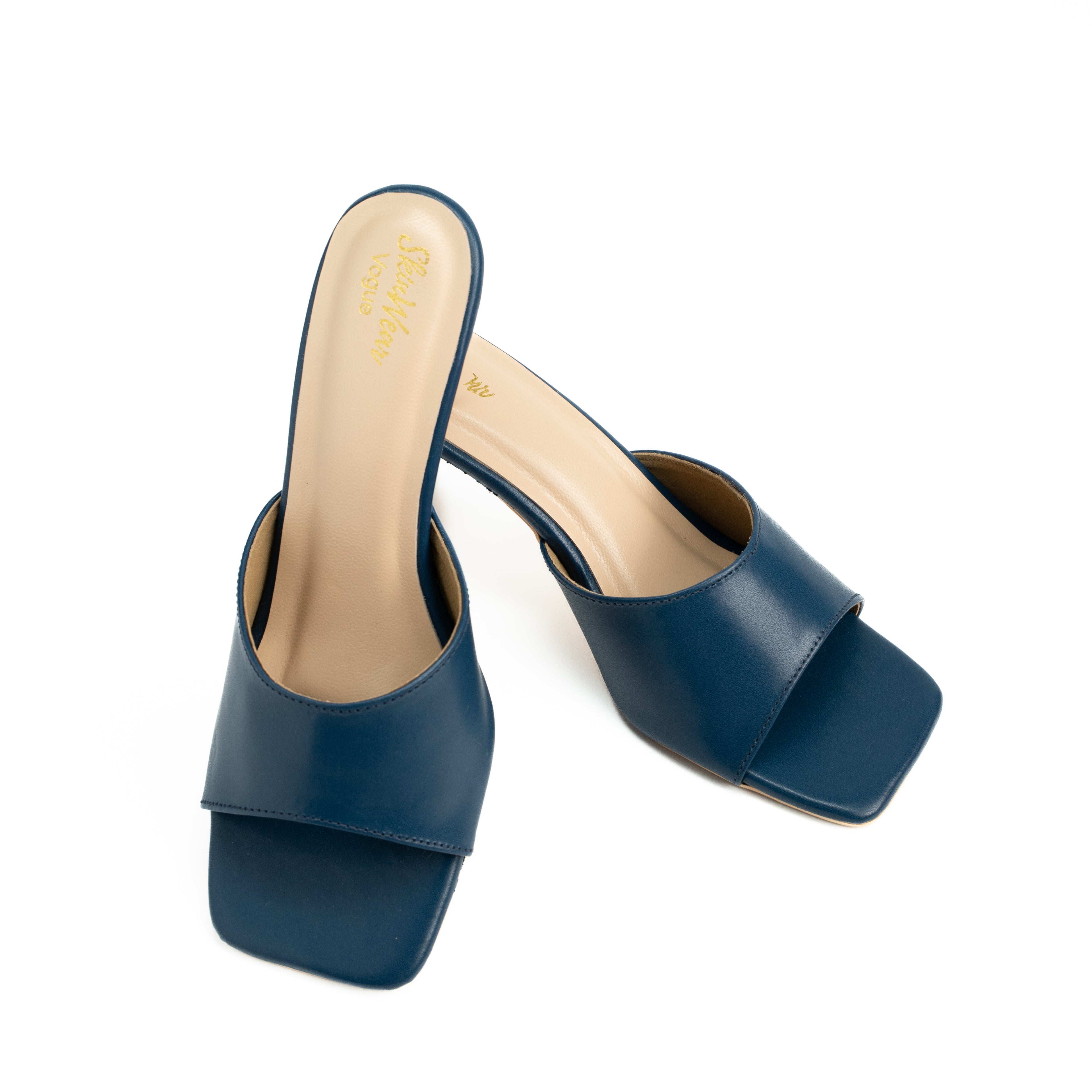 Women's Genuine Leather Formal Kitten Heel Fashion Sandals | Square Toe Open Slip-on with Single Strap | Casual & Office Wear | Orange, Navy, Lime Green
