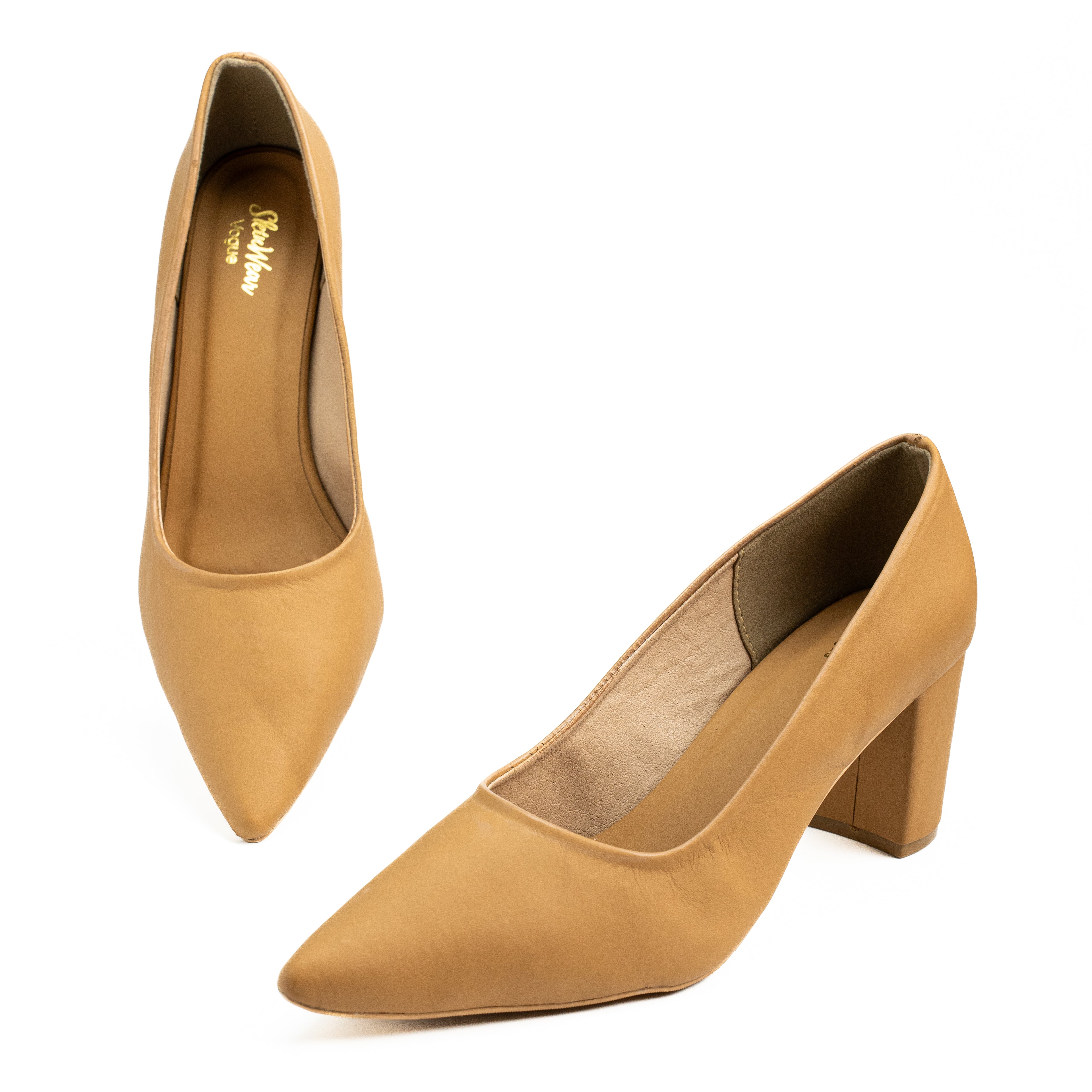 Women’s Classic Pointed Toe Leather Block Heel Sandals | Elegant Slip-On Formal & Office Shoes | Tan, Off White