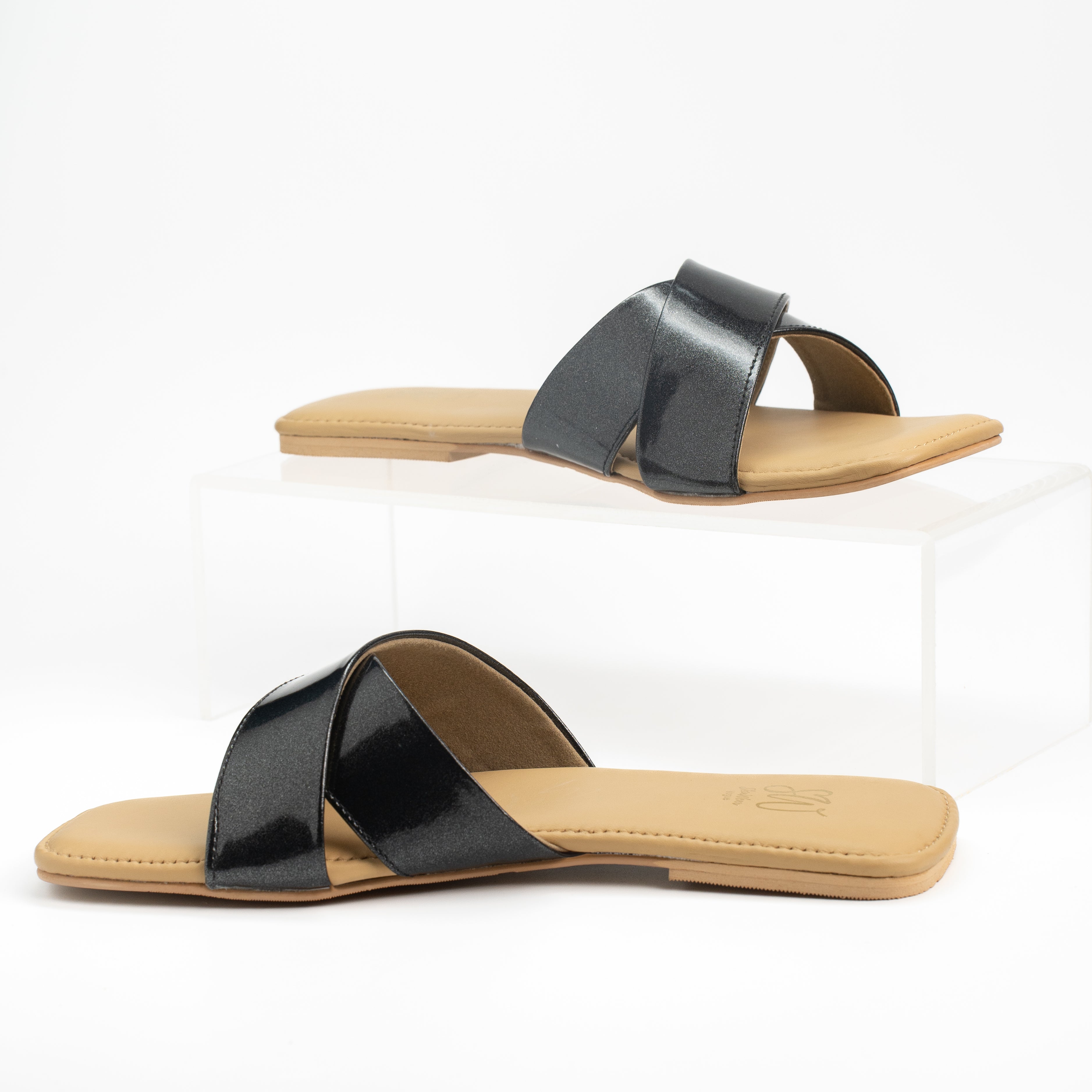 Women’s Leather Slip-On Flat Sandals with Glossy Cross-Strap Design | Comfortable Casual Footwear for Office, Travel & Daily Wear | Navy Blue, Black