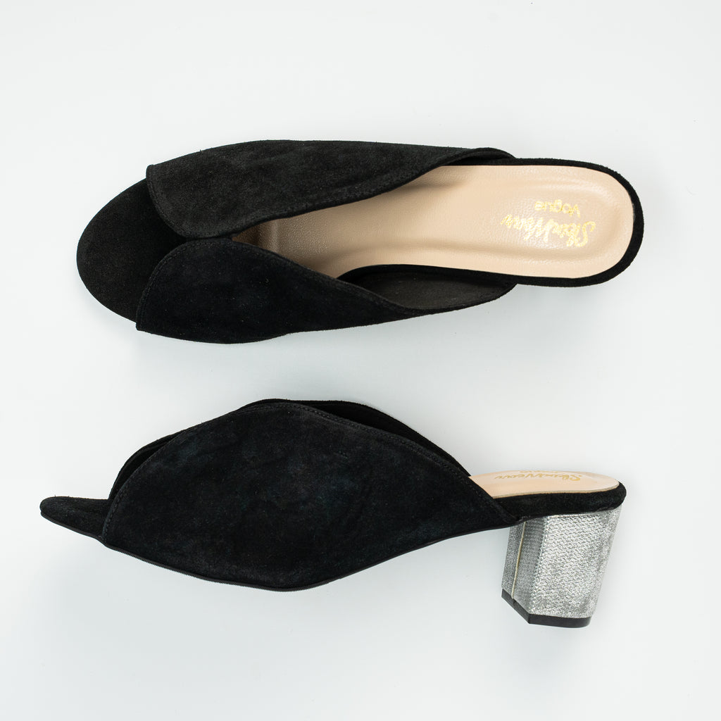 Women’s Genuine Leather Suede Slip-On Mule Sandals | Metallic Glittery Block Heel | Comfortable for Casual Black