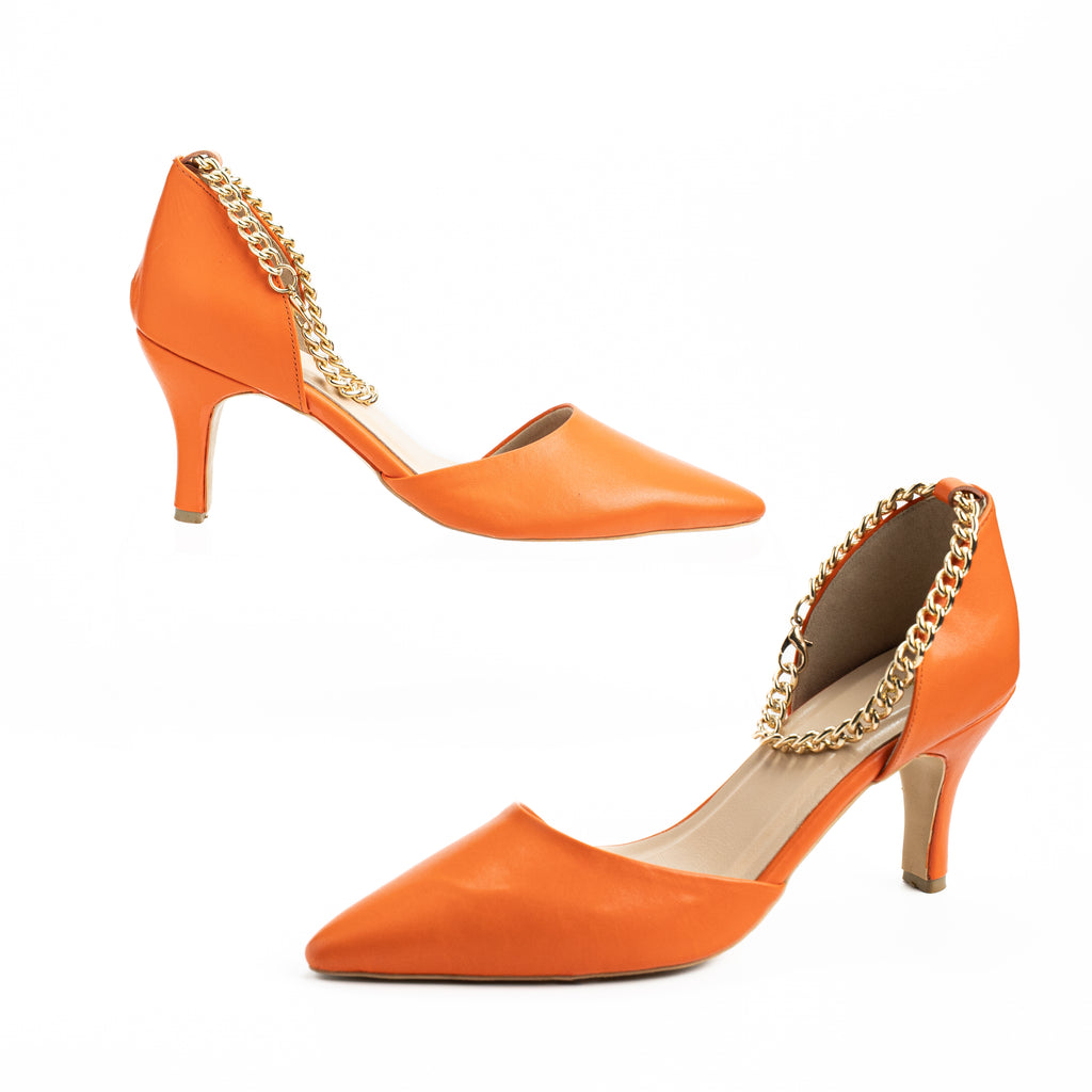Women's Pointed Toe Glossy Leather Heel | Stiletto with Ankle Chain Strap | Elegant & Classic Glittery Blue, Gilttery Red, Orange, Black