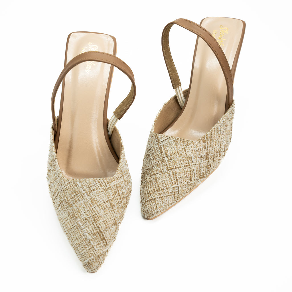 Women’s Pointed Toe Woven Raffia Kitten Heel Sandals with Slingback Strap | Lightweight, Eco Friendly & Comfortable | Office & Casual Wear | Beige