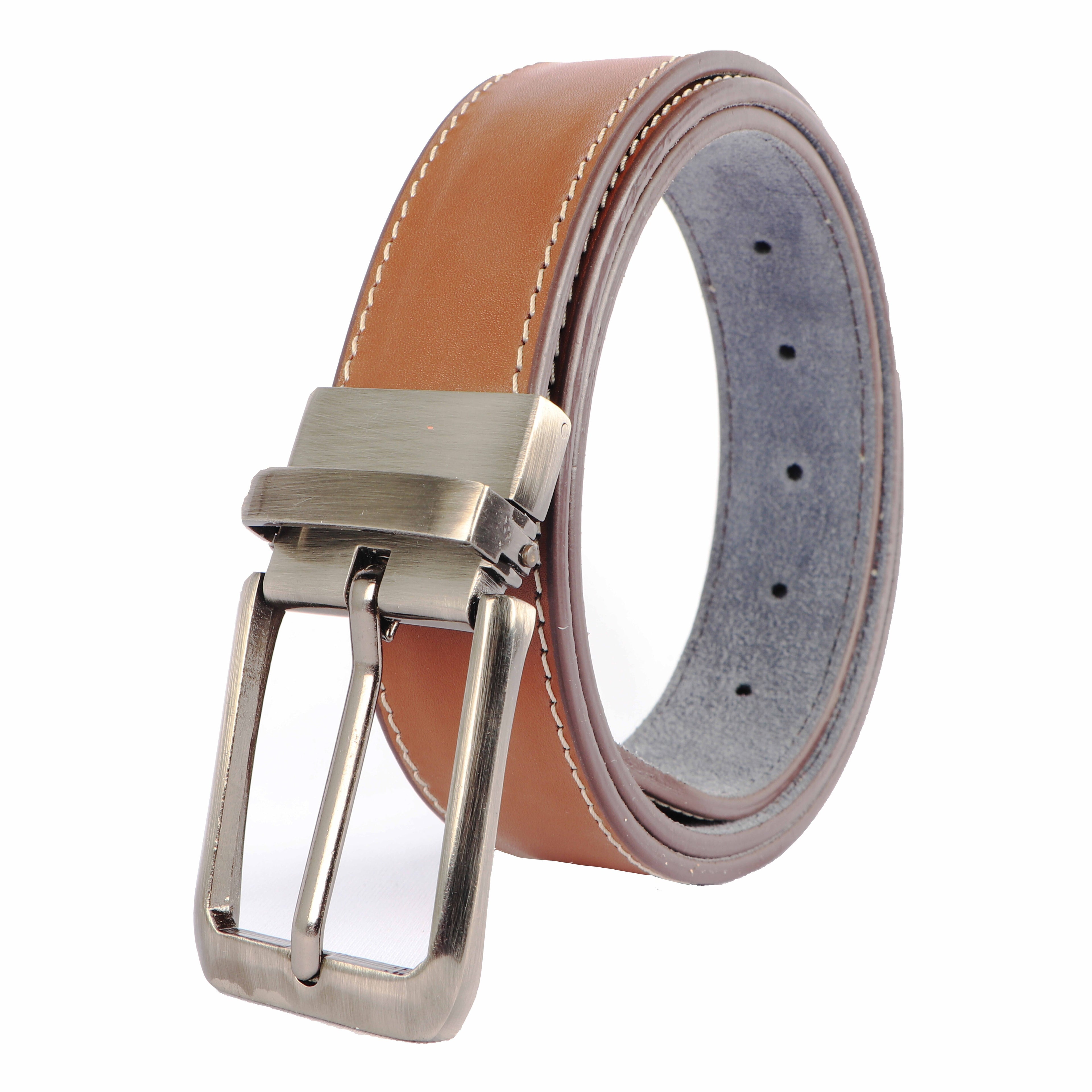 Men's Genuine Leather Reversible Formal Belt with Rotating Buckle – Tan & Brown